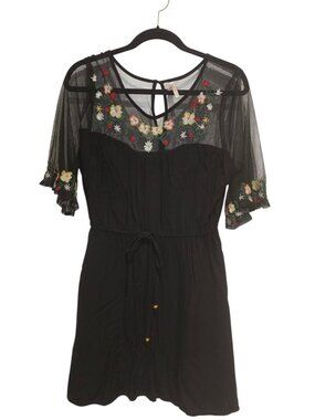 True Destiny black mini dress a sheer mesh yoke Embroidery sleeves XL